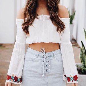 BAND OF GYPSIES Flare Sleeve Embroidered Crop Top